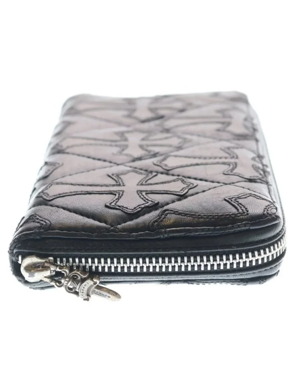 Chrome Hearts Rec Zip Quilted Wallet Cemetery Cross Leather Black